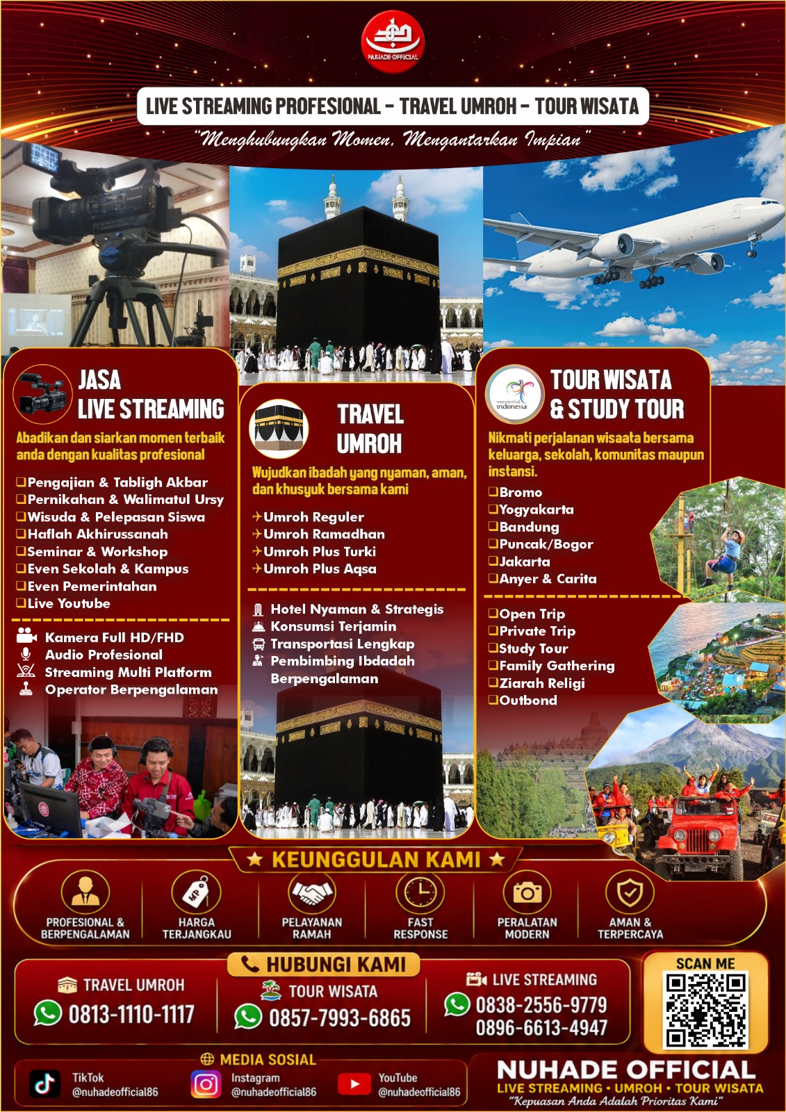 Brosur layanan NUHADE OFFICIAL live streaming, travel umrah, tour wisata, dan study tour